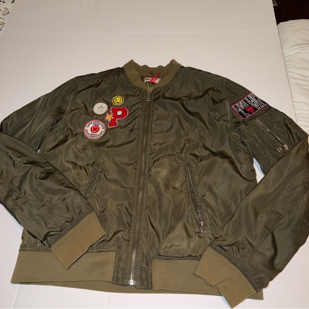 Poof! Army Green Bomber Jacket with Patches